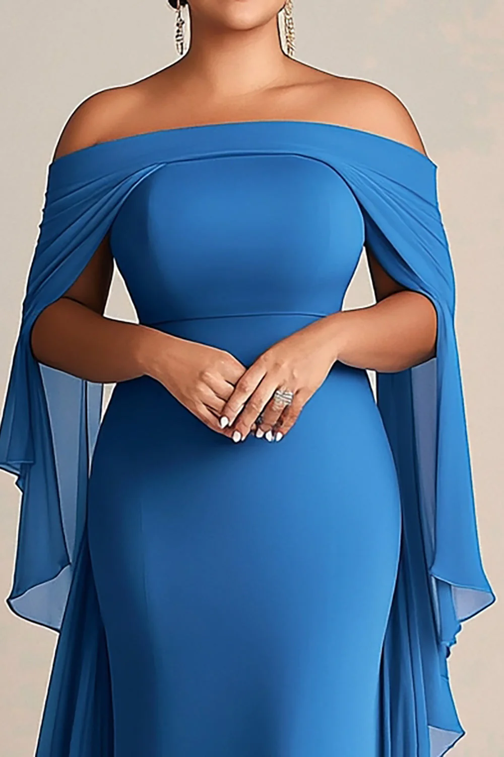 Niebieski Szyfon Plus Size Długa Sukienka Na Wesele z Odkrytymi Ramionami - Image 2