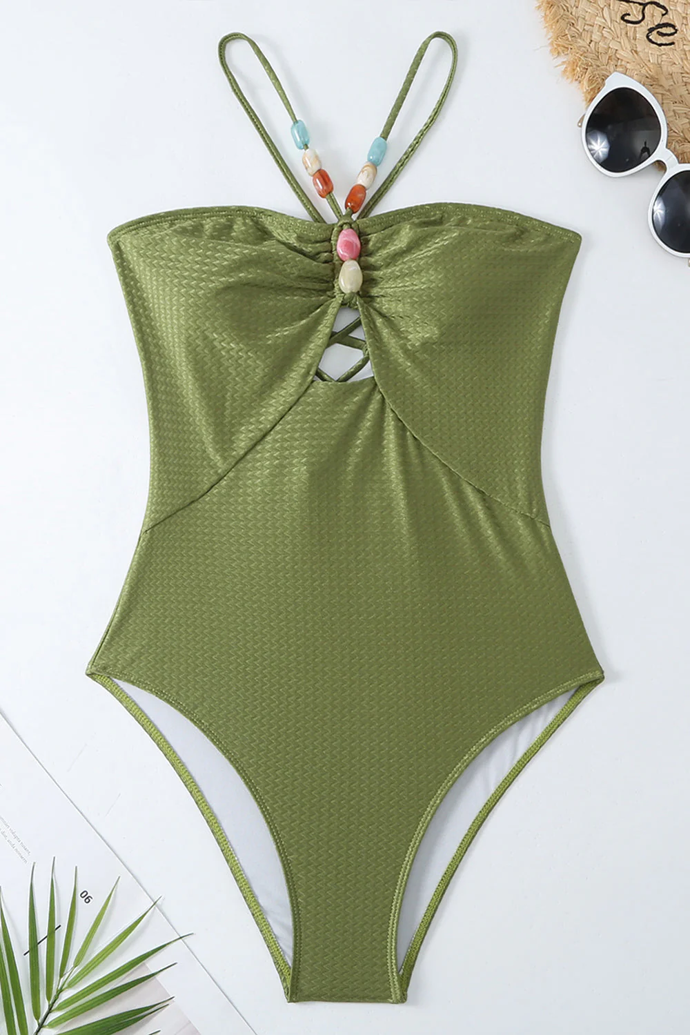 Zakurzona zieleń jednoczęściowe stroje kąpielowe z wycięciem na plażę - Image 6