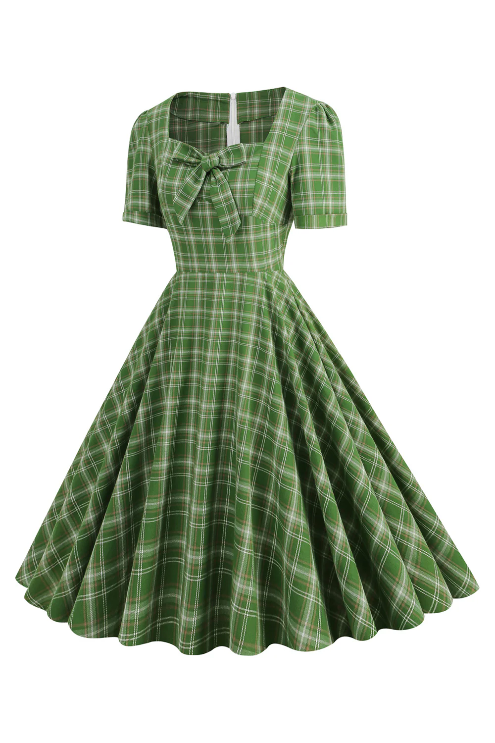 Zielona Kokardka Z Krótkim Rękawem W Kratę Sukienka 1950s Vintage - Image 3