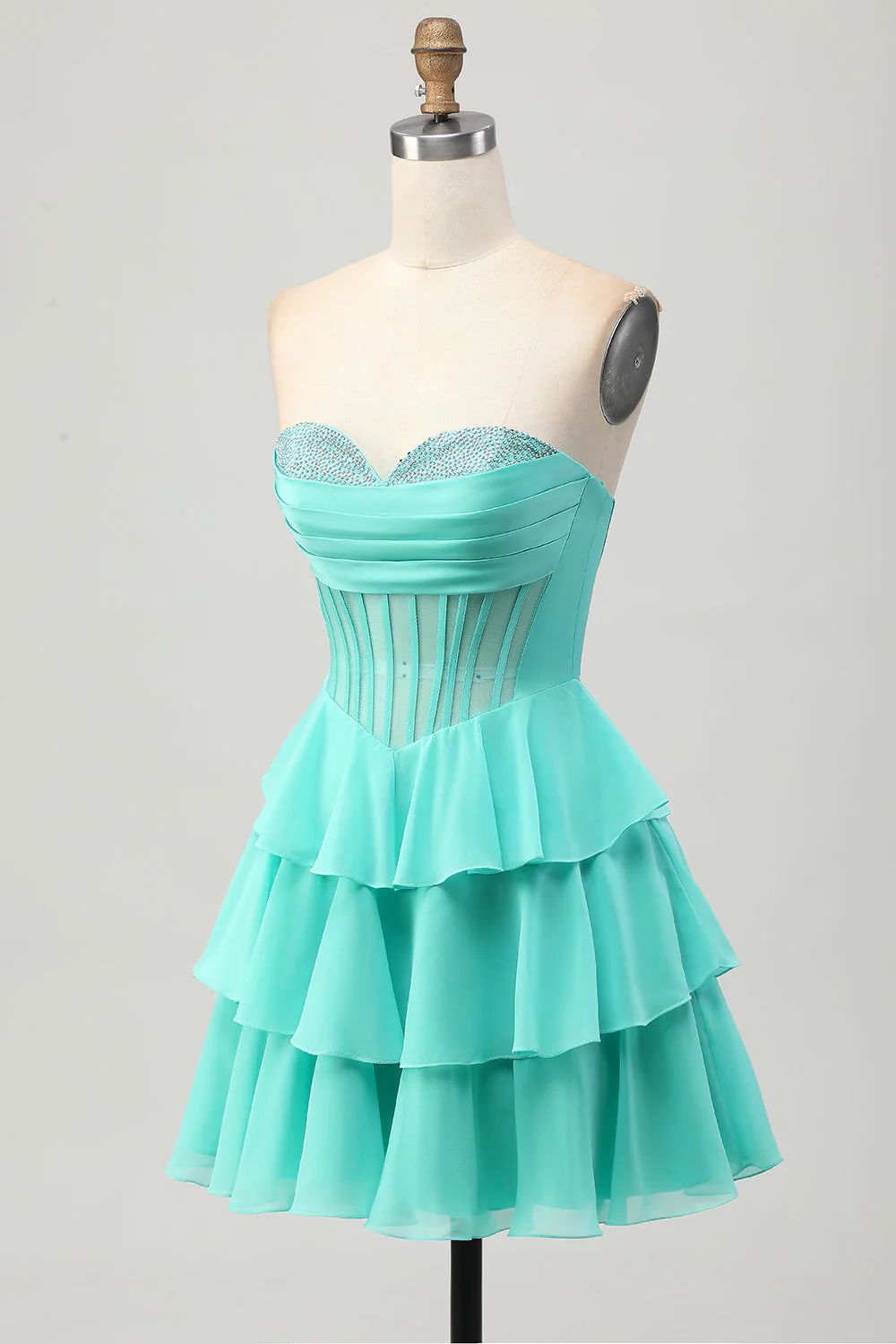 Zielona linia A Line Sweetheart Gorset Sukienka na powrót do domu z koralikami - Image 3