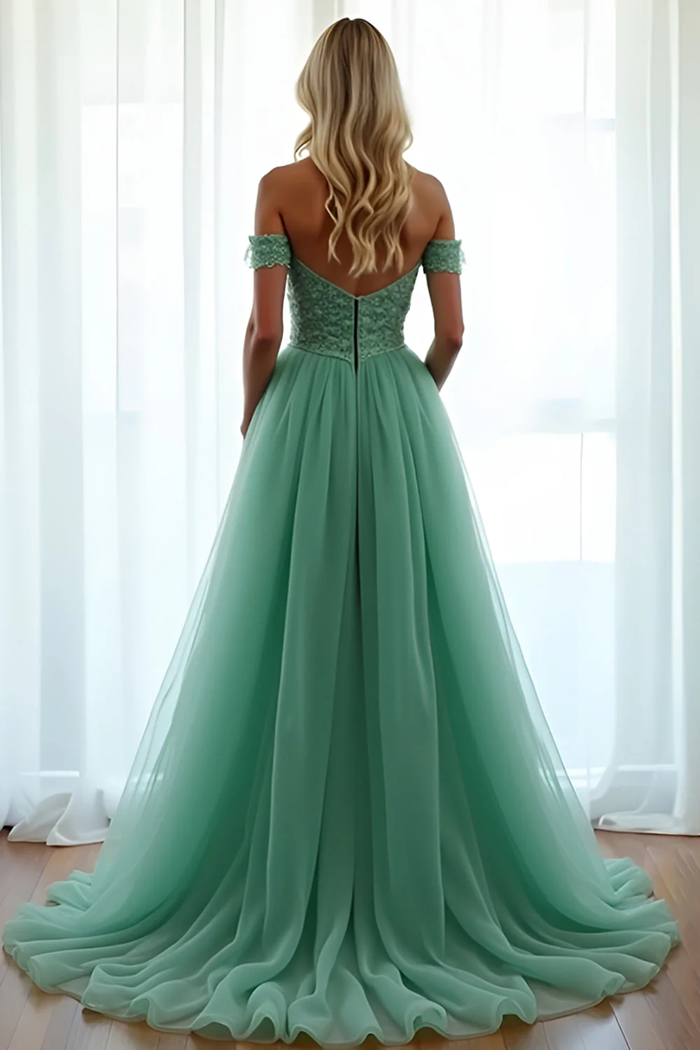 Zielona Off The Shoulder A Line Długa Sukienka Na Studniówkę Z Koronką - Image 2