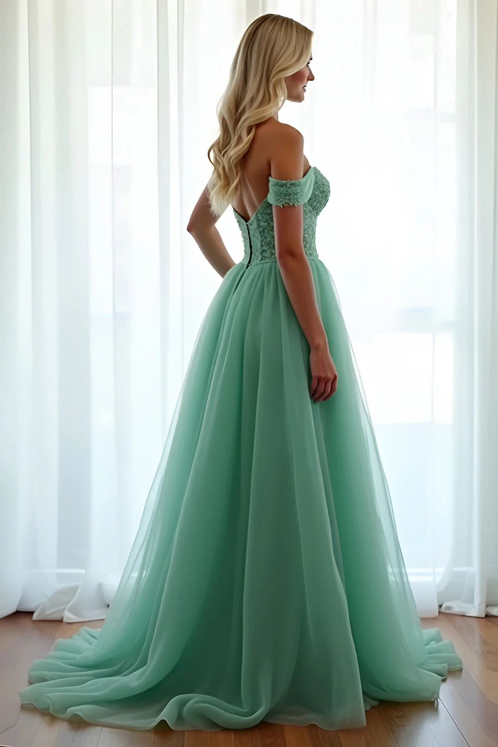 Zielona Off The Shoulder A Line Długa Sukienka Na Studniówkę Z Koronką - Image 3