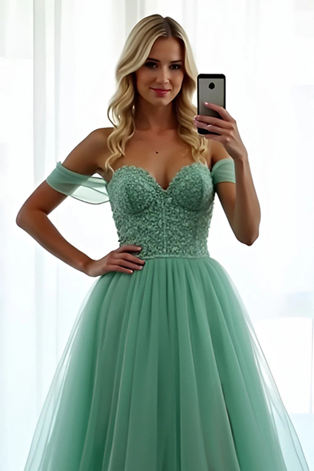 Zielona Off The Shoulder A Line Długa Sukienka Na Studniówkę Z Koronką - Image 4