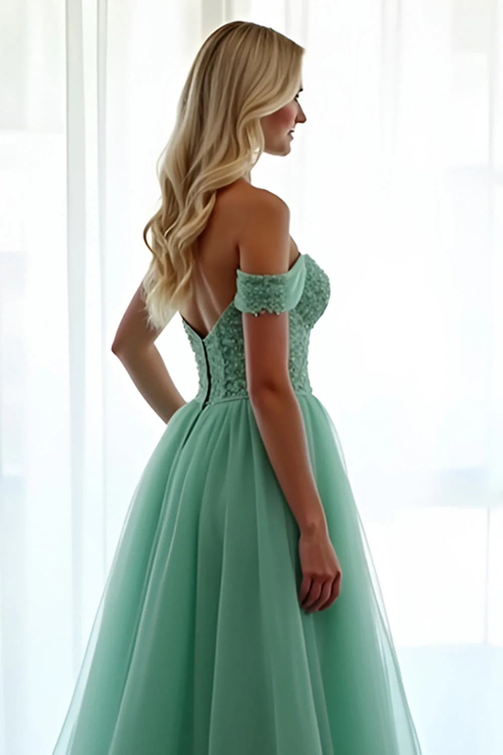 Zielona Off The Shoulder A Line Długa Sukienka Na Studniówkę Z Koronką - Image 6