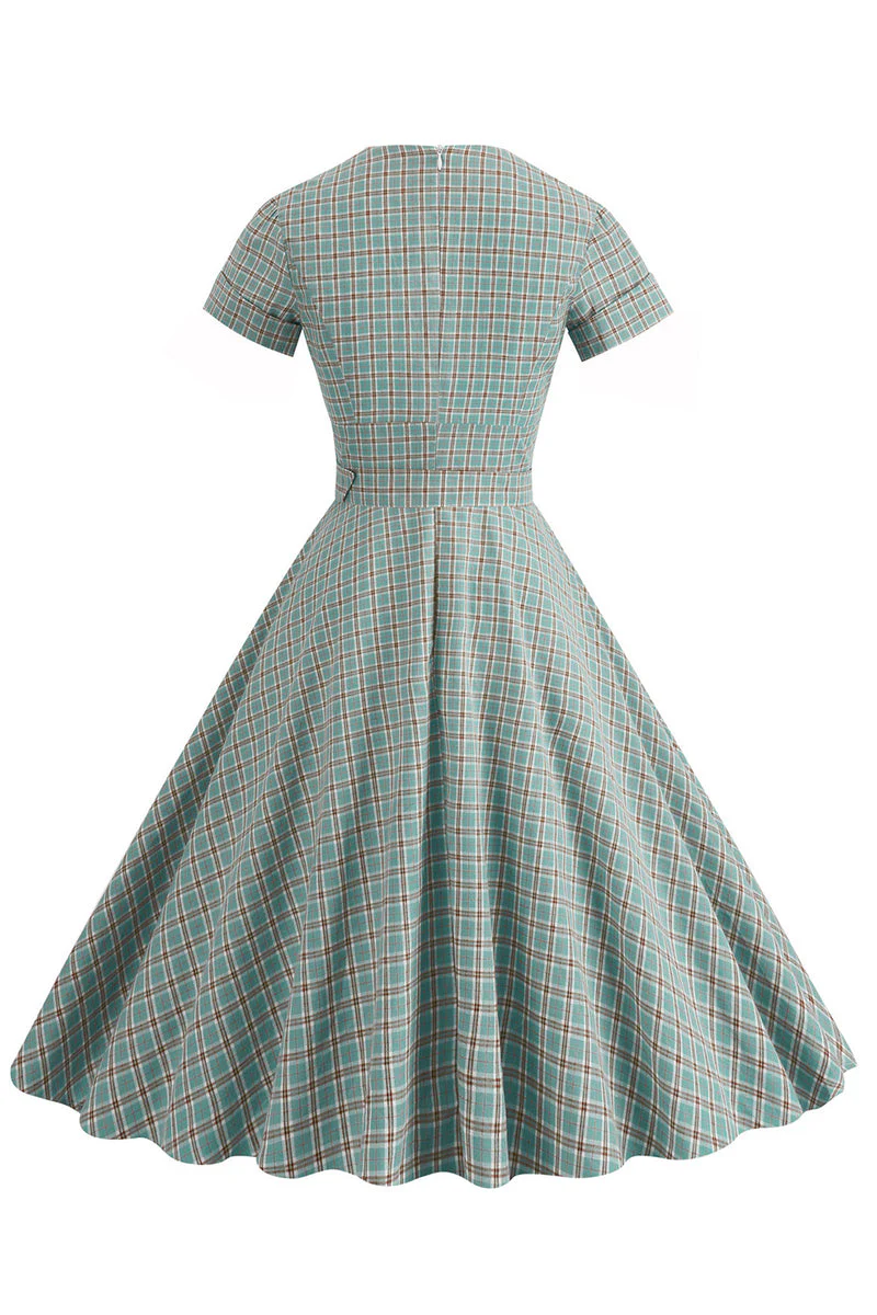 Zielona siatka A Line Lapel Vintage 1950 Sukienka z krótkimi rękawami - Image 2