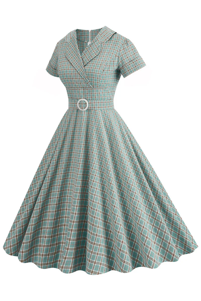 Zielona siatka A Line Lapel Vintage 1950 Sukienka z krótkimi rękawami - Image 3
