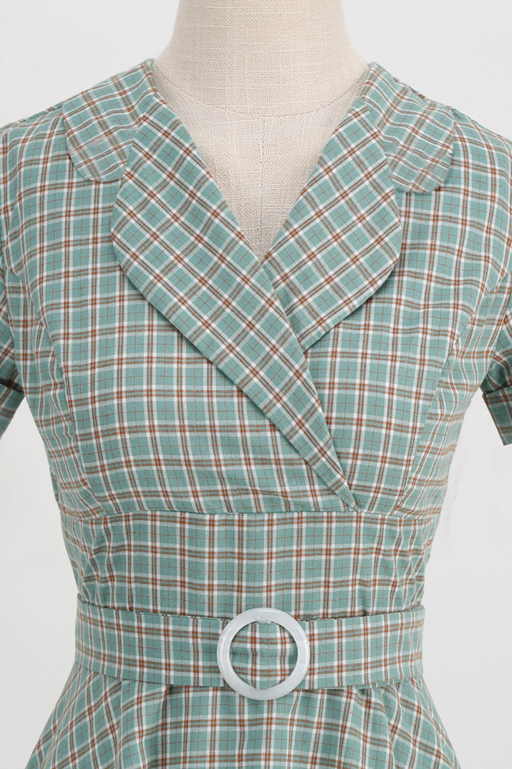 Zielona siatka A Line Lapel Vintage 1950 Sukienka z krótkimi rękawami - Image 4