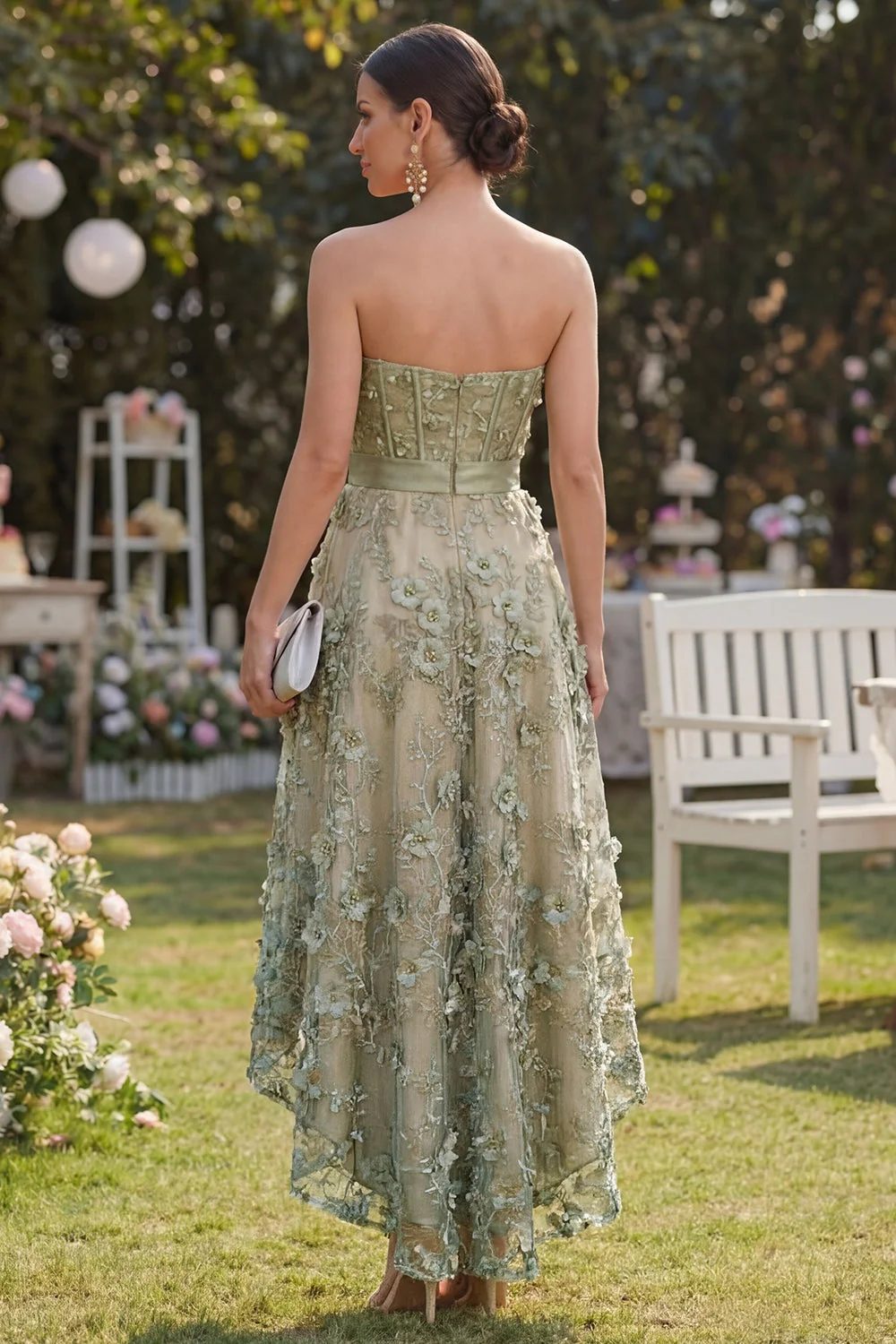 Zielona sukienka midi w kształcie koralików w kształcie tiulu w kształcie litery A - Image 2