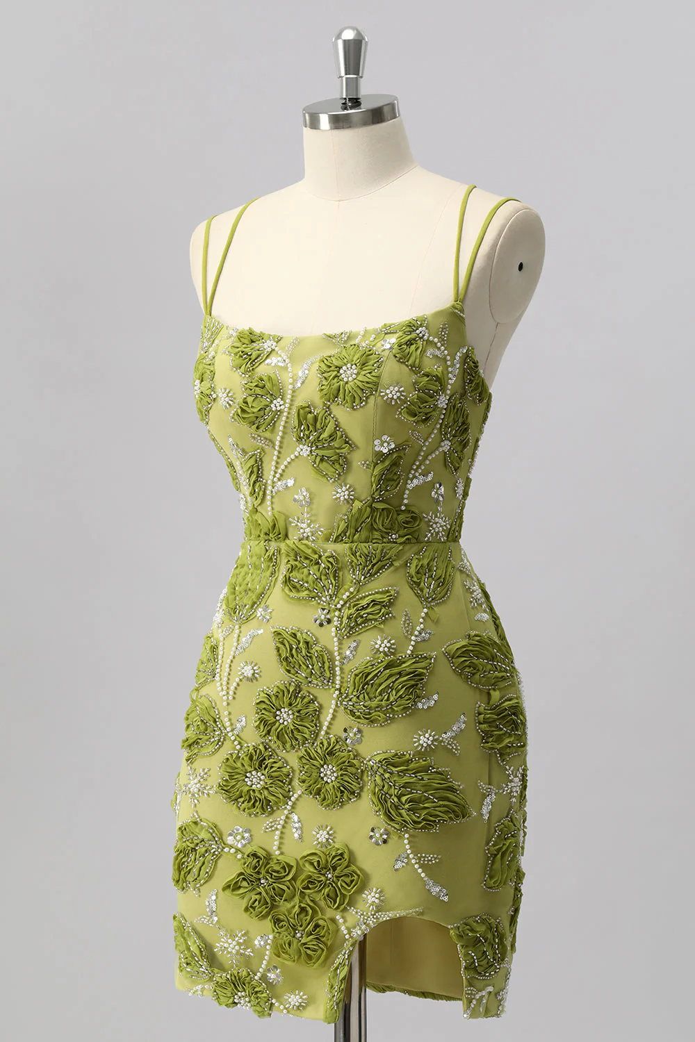 Zielona sukienka mini z koralikami bodycon z kwiatami 3D - Image 3