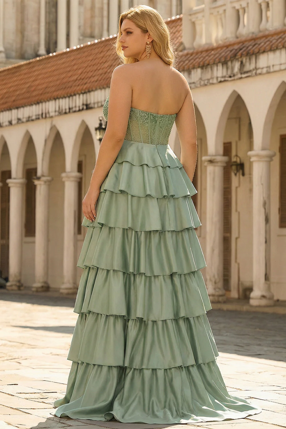 Zielona sukienka na bal Green Sweetheart Princess z satynowym gorsetem, długa plus size sukienka na bal maturalny z rozcięciem - Image 3