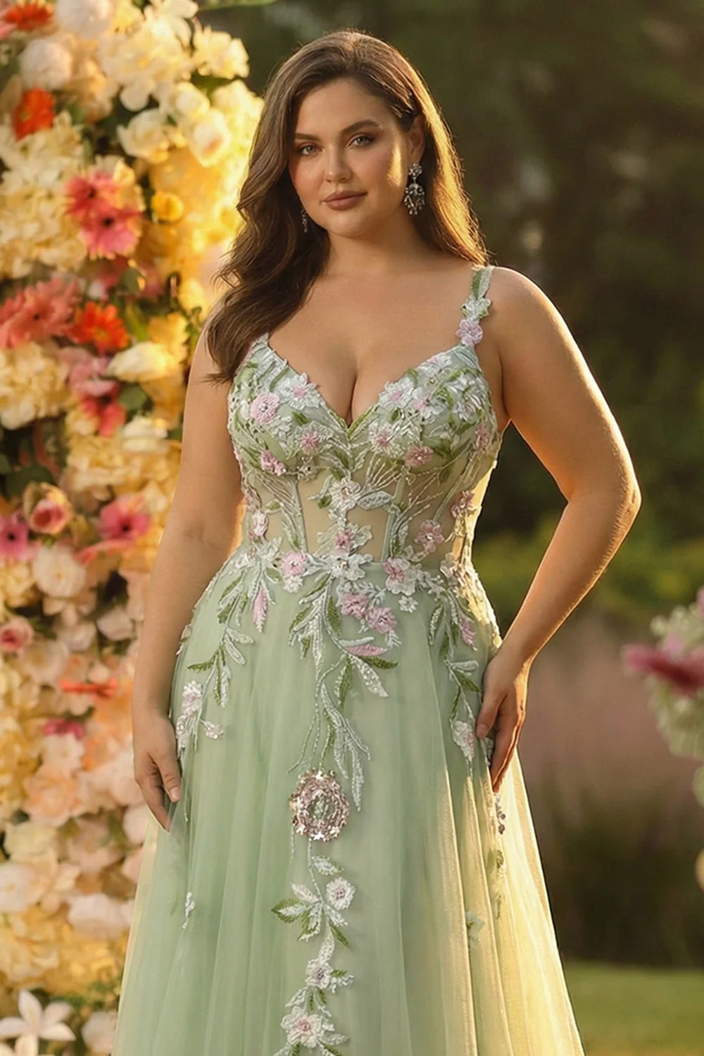 Zielona sukienka na bal z długim gorsetem z tiulem w formie Green A Line z dodatkiem do plus size - Image 3