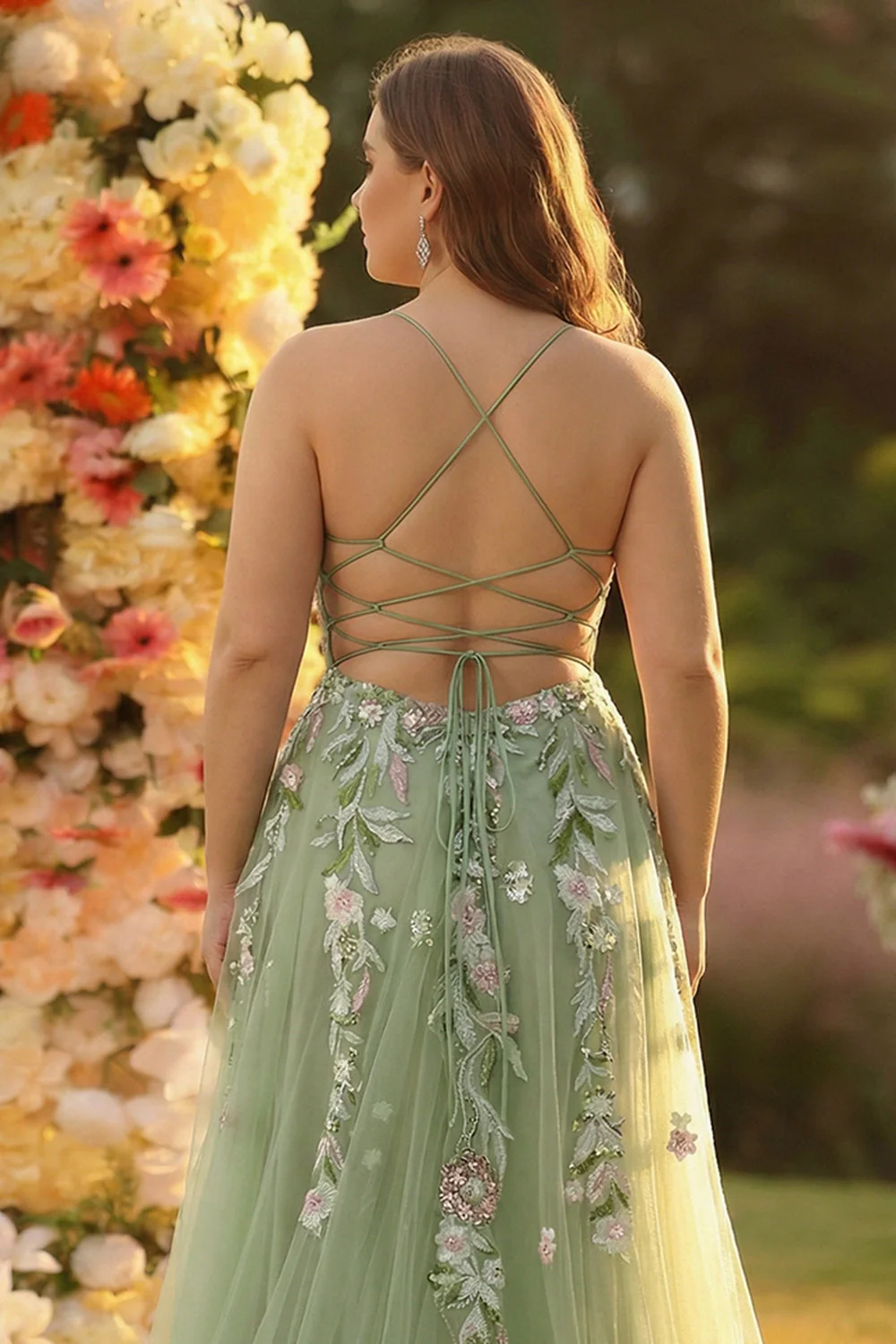 Zielona sukienka na bal z długim gorsetem z tiulem w formie Green A Line z dodatkiem do plus size - Image 4