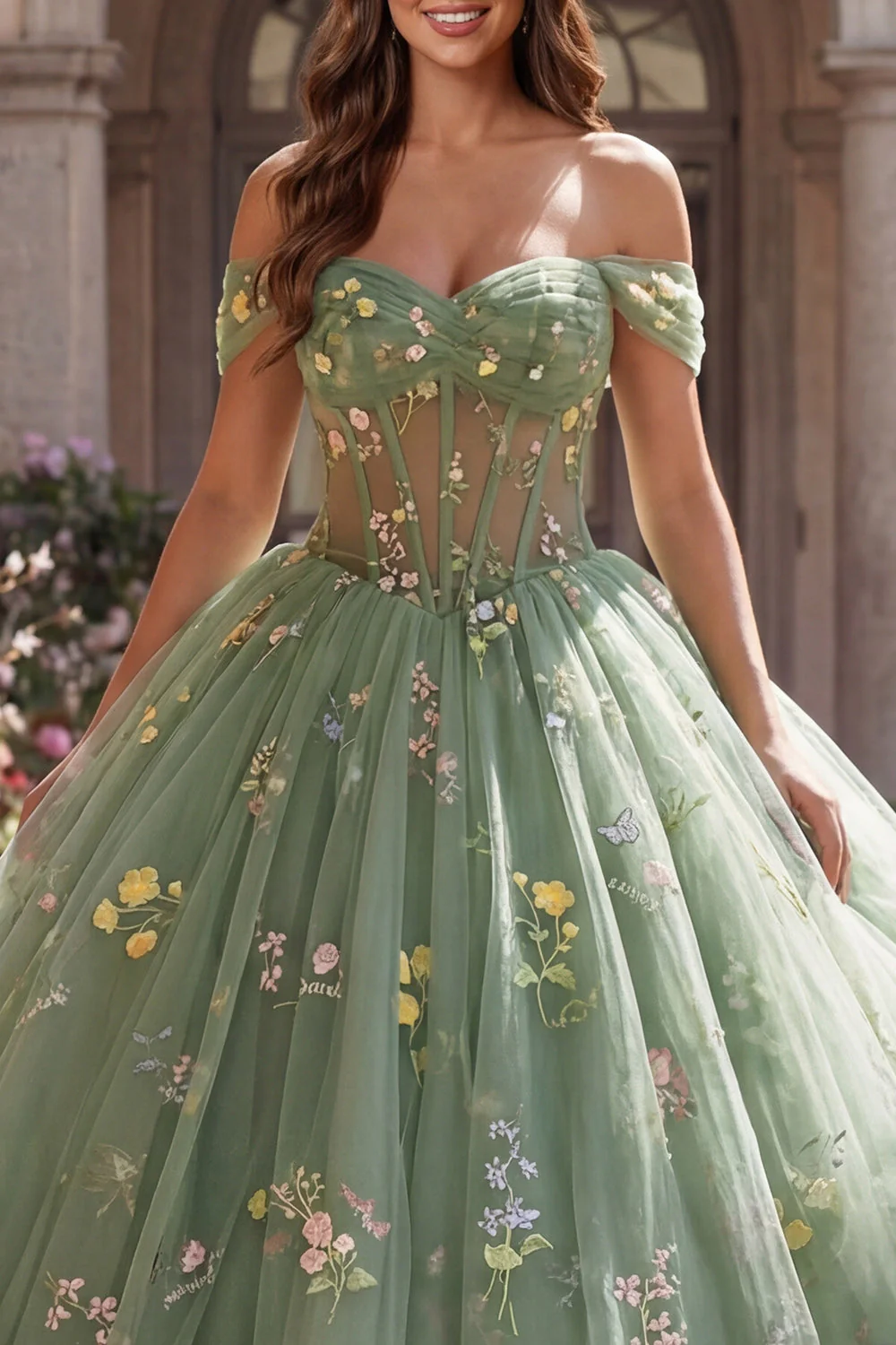 Zielona suknia balowa z odkrytymi ramionami – kwiatowa suknia z Quinceañera - Image 3
