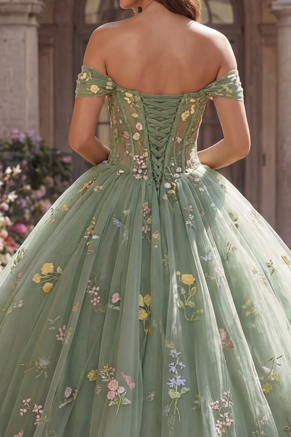 Zielona suknia balowa z odkrytymi ramionami – kwiatowa suknia z Quinceañera - Image 4