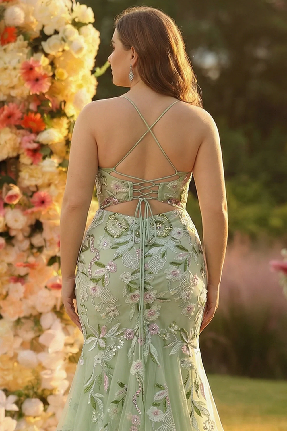 Zielona syrena gorset, haftowana długa sukienka na bal plus size z rozcięciem - Image 4