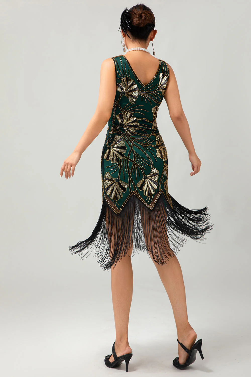 Zielona złota cekinowa sukienka z dekoltem w szpic Bodycon 1920s Flapper z frędzlami - Image 2