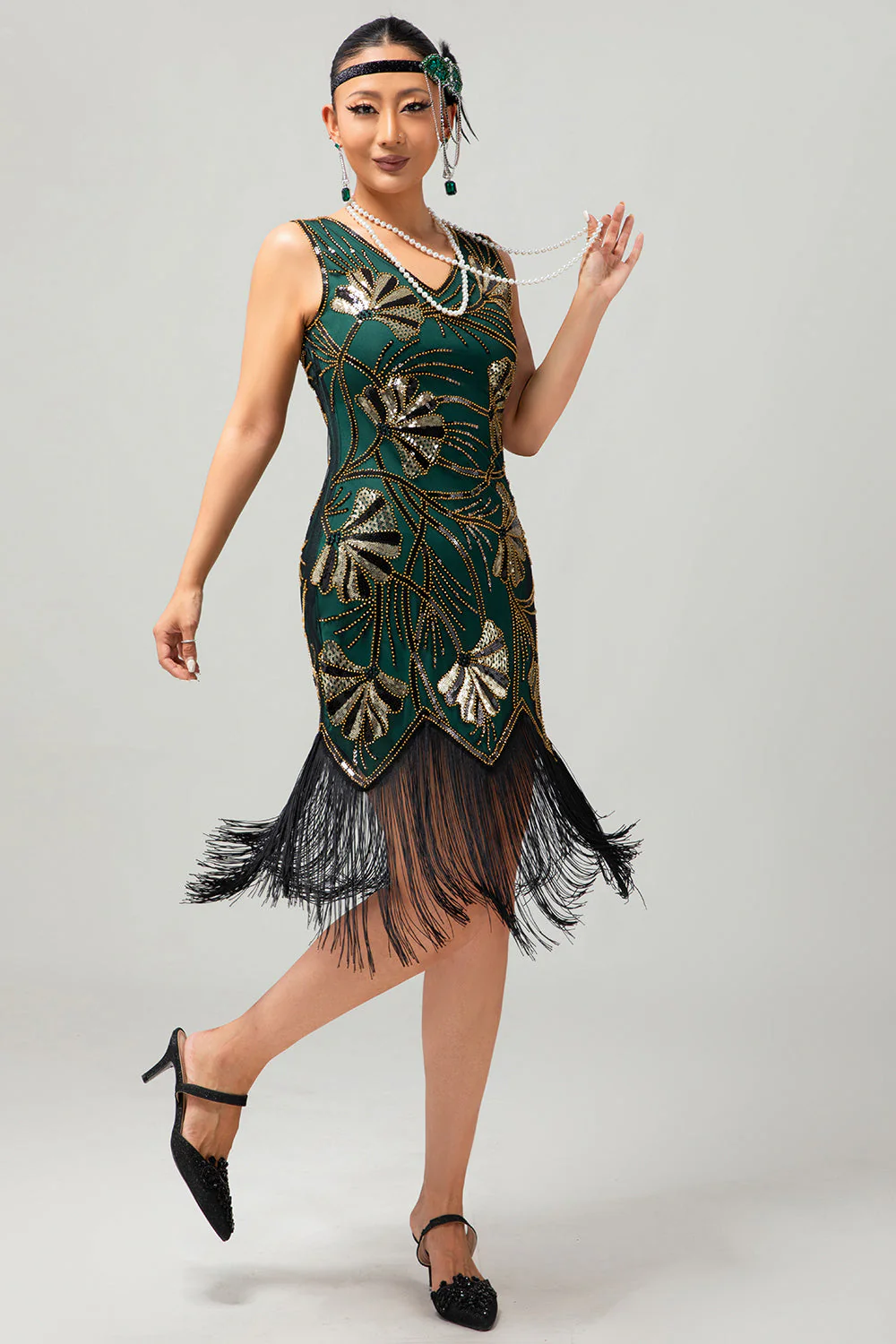 Zielona złota cekinowa sukienka z dekoltem w szpic Bodycon 1920s Flapper z frędzlami - Image 3