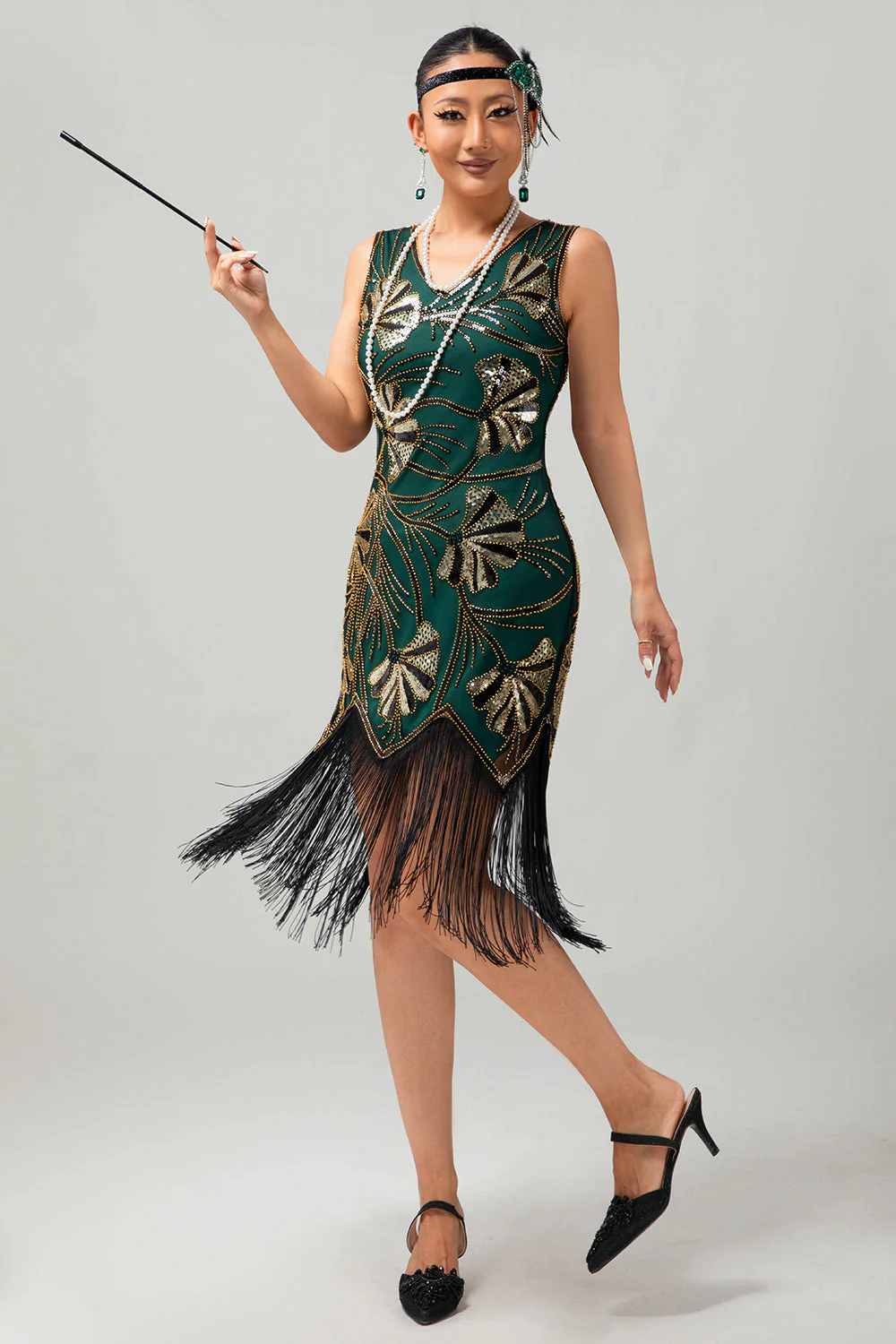 Zielona złota cekinowa sukienka z dekoltem w szpic Bodycon 1920s Flapper z frędzlami - Image 4