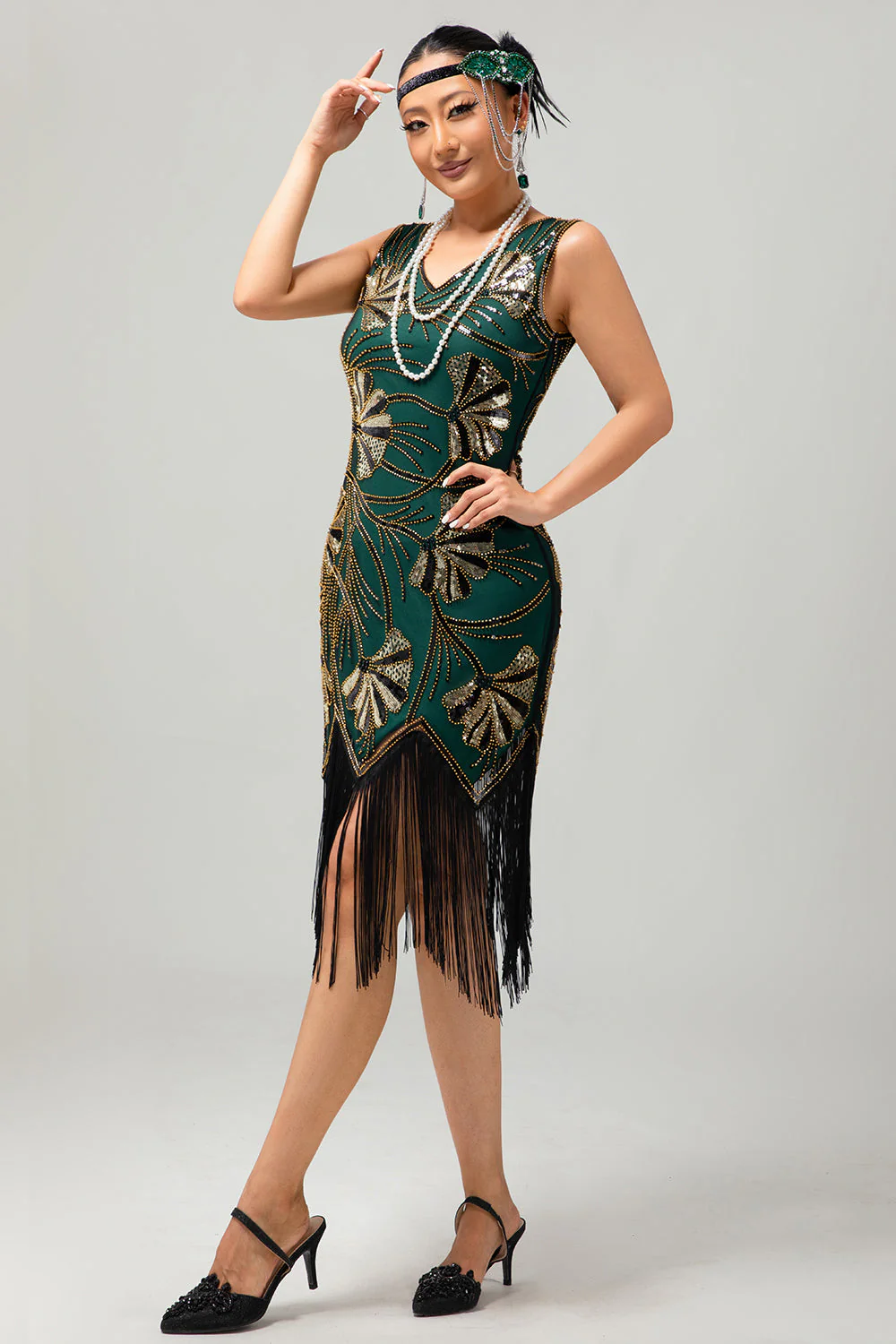 Zielona złota cekinowa sukienka z dekoltem w szpic Bodycon 1920s Flapper z frędzlami - Image 5