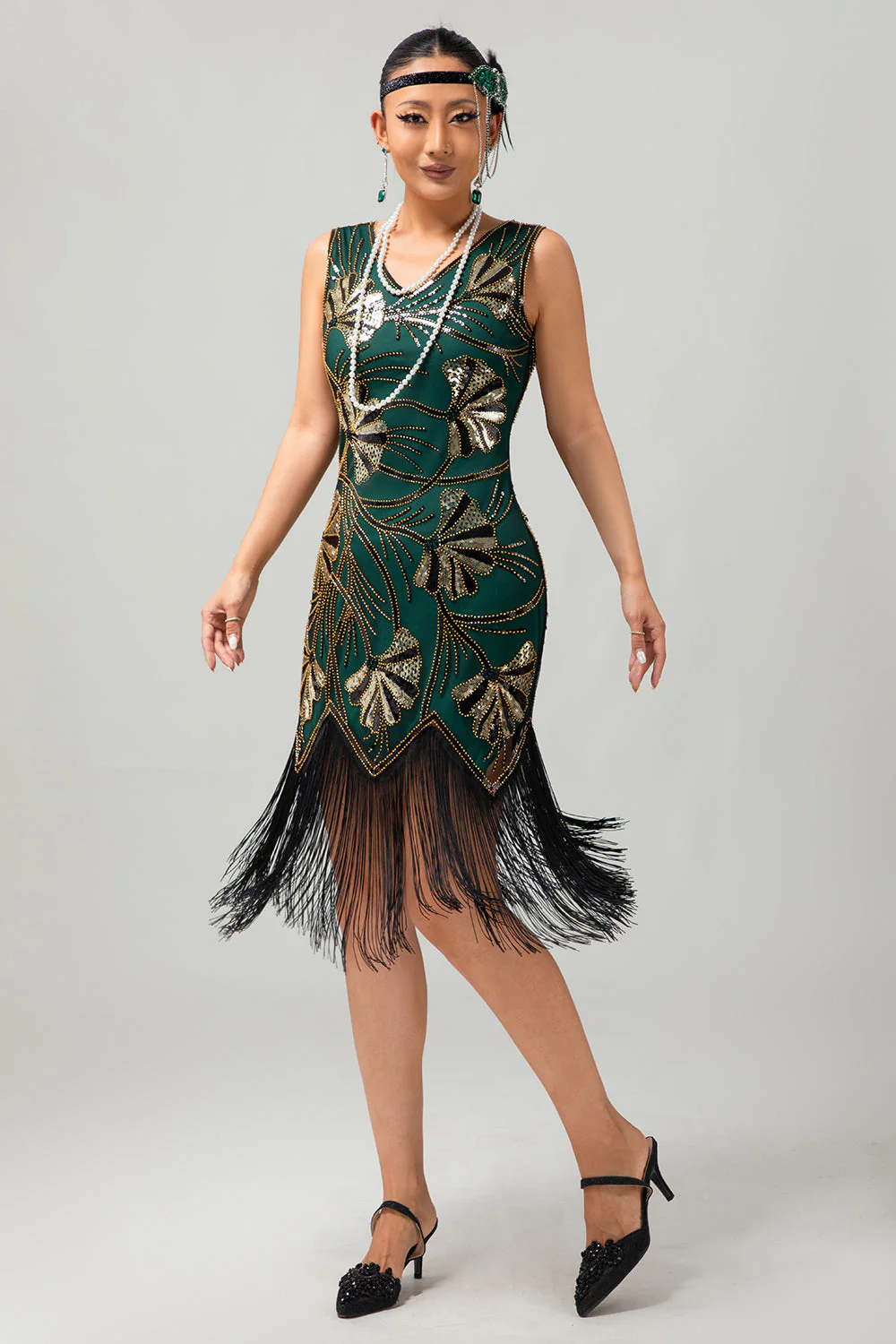 Zielona złota cekinowa sukienka z dekoltem w szpic Bodycon 1920s Flapper z frędzlami - Image 6