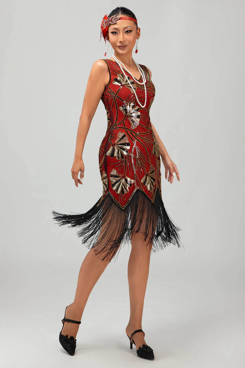 Zielona złota cekinowa sukienka z dekoltem w szpic Bodycon 1920s Flapper z frędzlami - Image 9