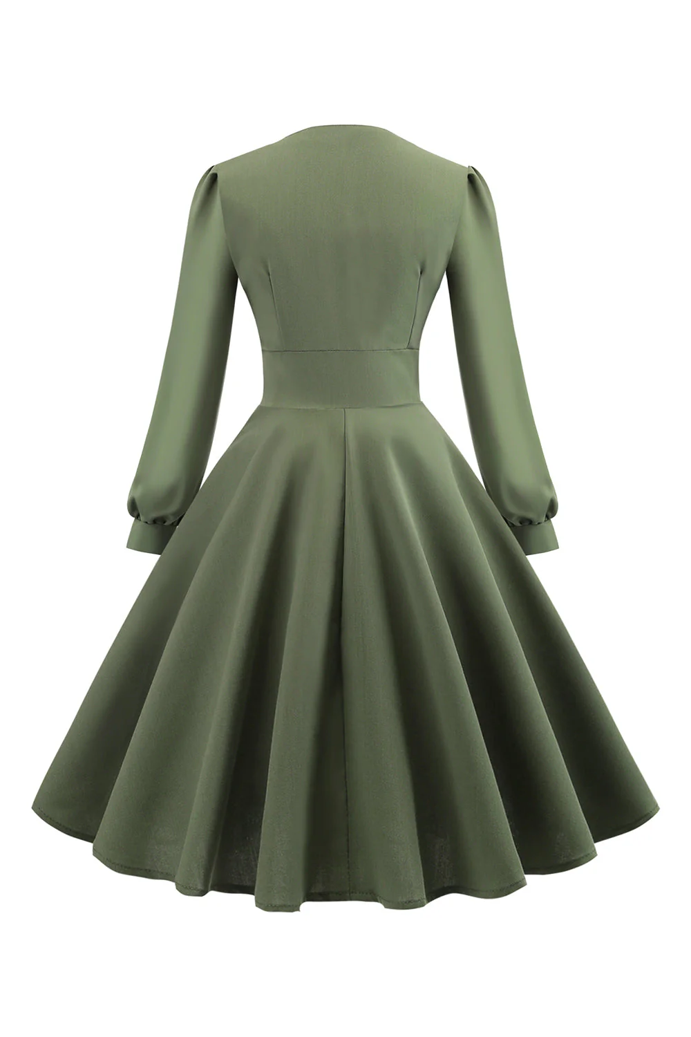 Zielony dekolt w serek z długim rękawem Vintage Swing Dress - Image 2