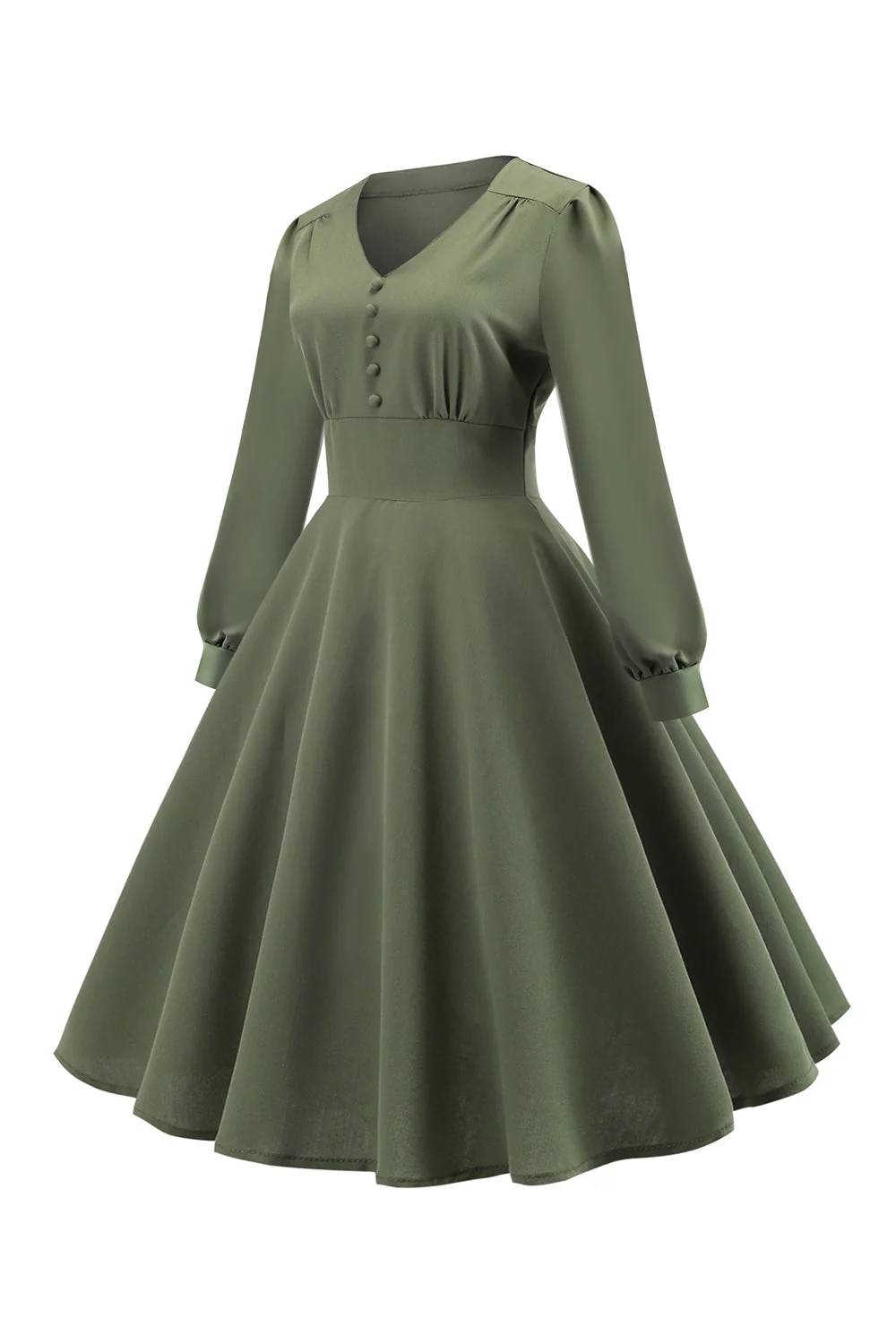 Zielony dekolt w serek z długim rękawem Vintage Swing Dress - Image 3