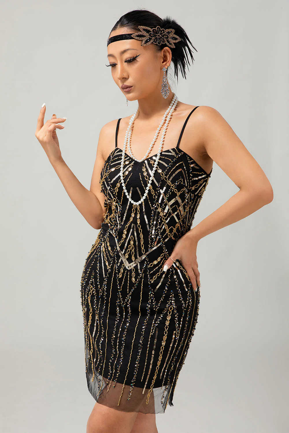 złota cekinowa sukienka bodycon 1920s z 5-częściowym zestawem akcesoriów - Image 6