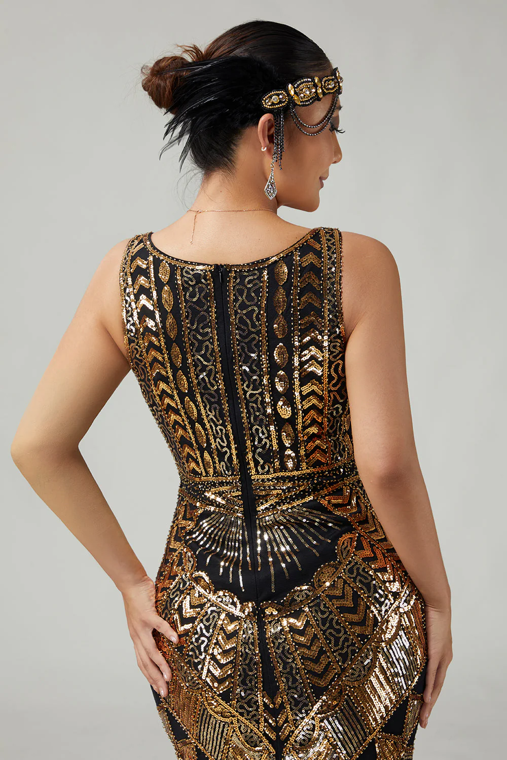 złota cekinowa sukienka bodycon z frędzlami z 1920 roku z 5-częściowym zestawem akcesoriów - Image 5