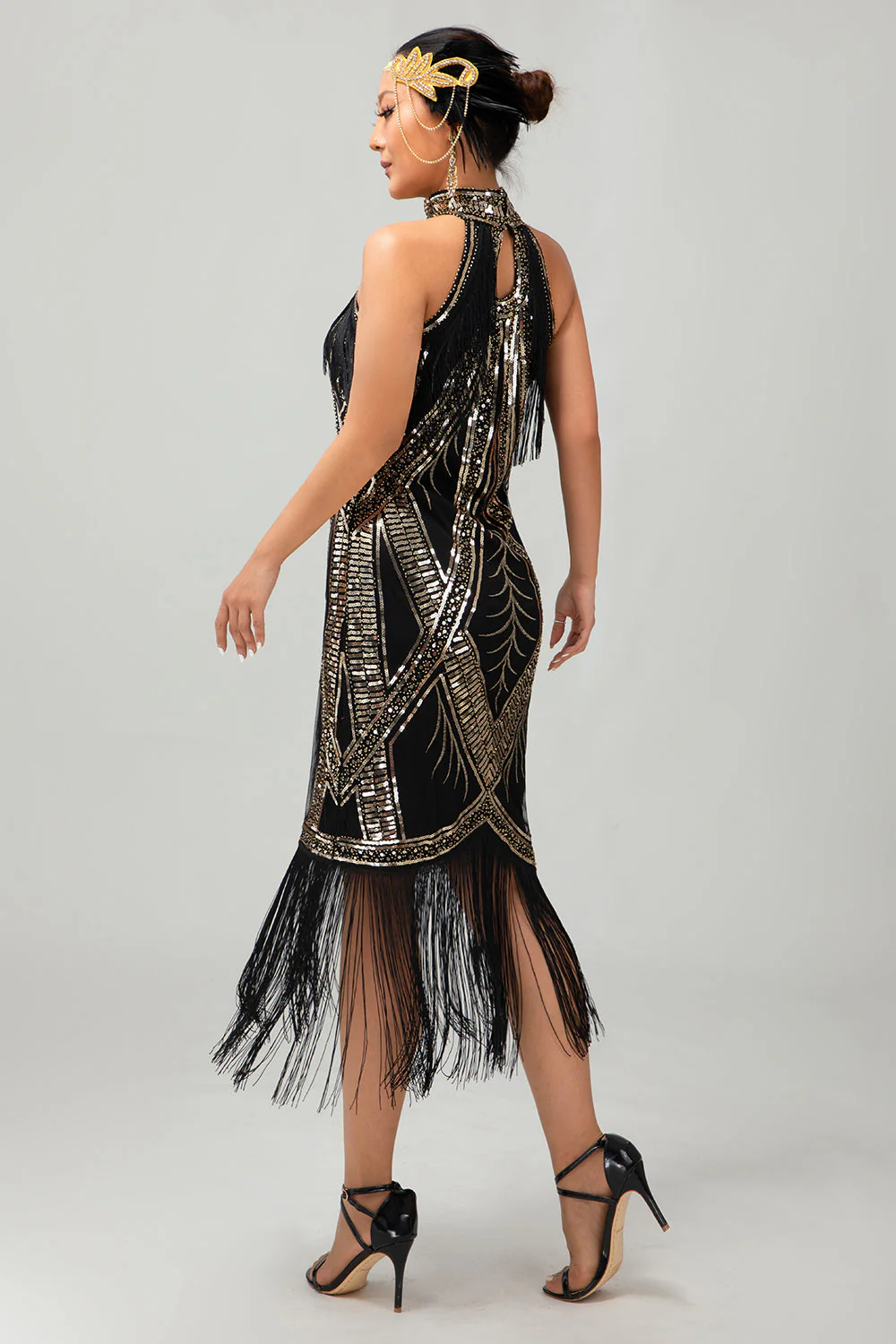 złota dziurka od klucza z frędzlami Gatsby 1920s sukienka z 5-częściowym zestawem akcesoriów - Image 2
