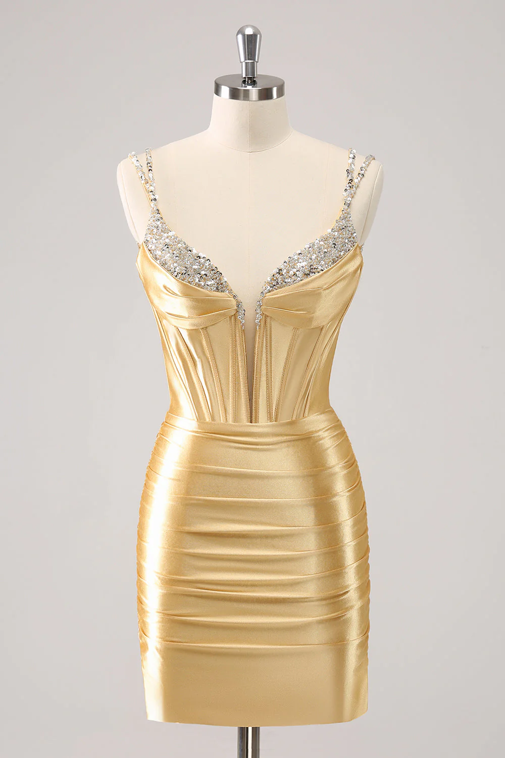 Złote ramiączka spaghetti bodycon gorset sznurowana sukienka z powrotem do domu z cekinami - Image 7