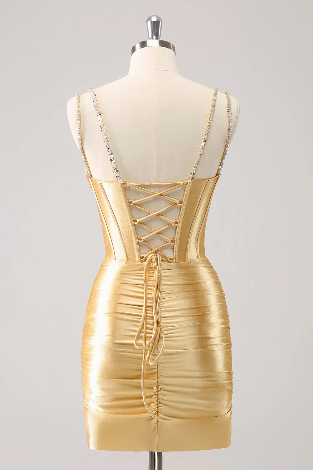 Złote ramiączka spaghetti bodycon gorset sznurowana sukienka z powrotem do domu z cekinami - Image 8
