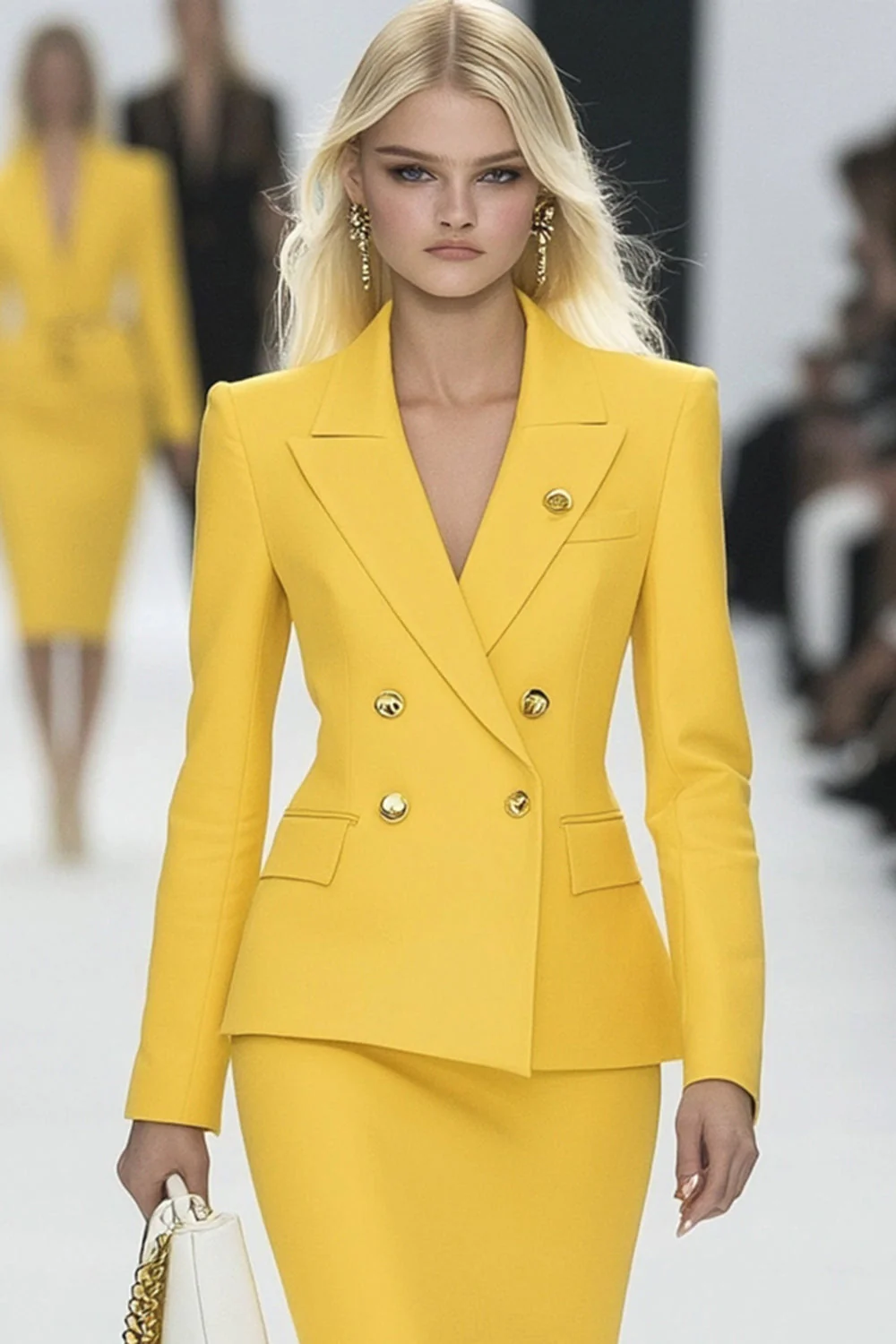 Żółta 2-częściowa dwurzędowa mini sukienka do pracy Bodycon Peak Lapel - Image 2