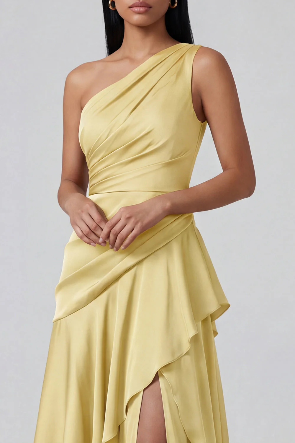 Żółta falbania, elegancka sukienka na jedno ramię - Image 4