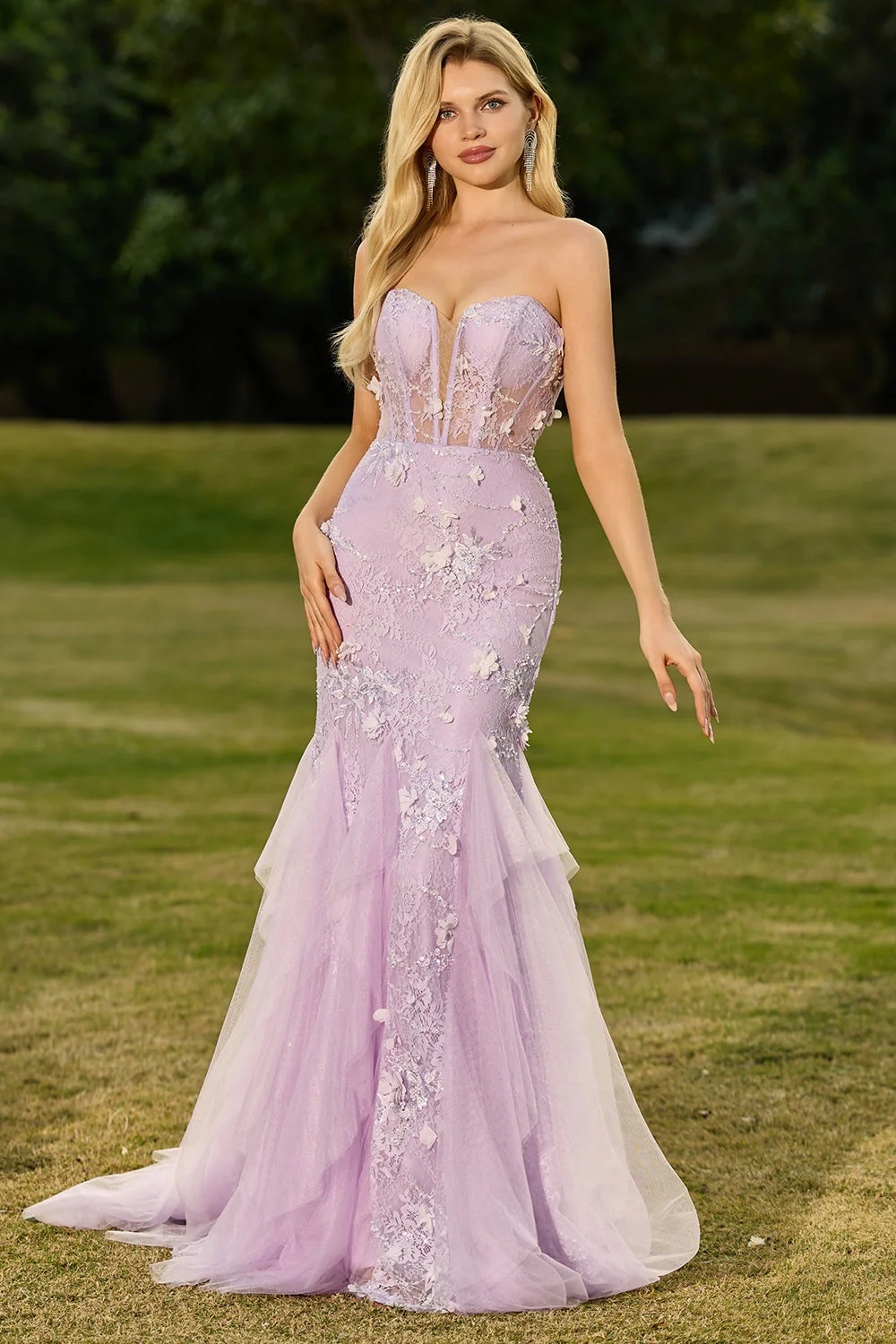 Żółta gorsetowa sukienka bez ramiączek w kolorze Mermaid Yellow z koronką i kwiatami 3D - Image 11