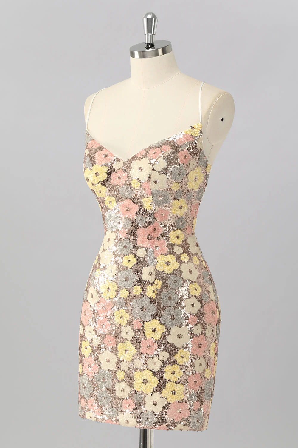 Żółta kwiatowa cekinowa sukienka bodycon mini homecoming - Image 3