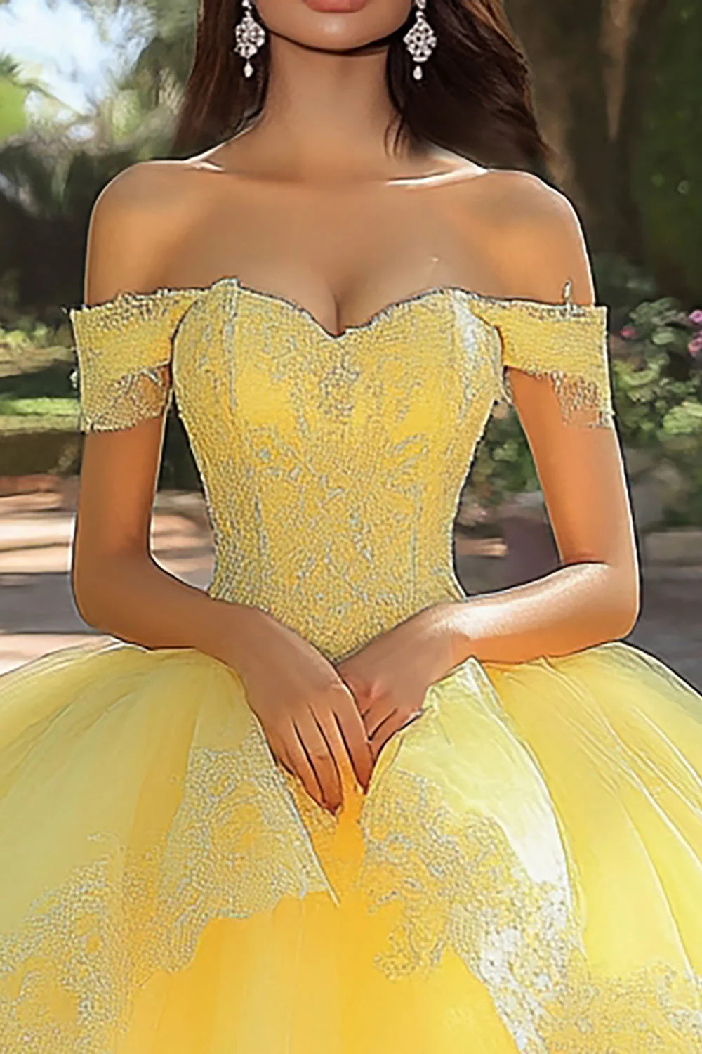 Żółta suknia balowa z aplikacją tiulowa długa sukienka quinceanera z falbankami - Image 2