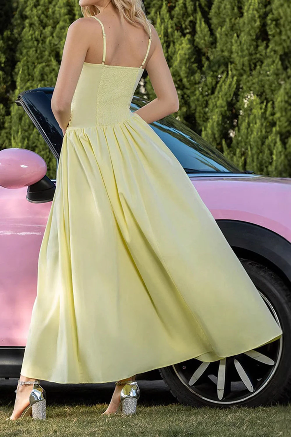 Żółte ramiączka spaghetti Ruched A Line Party Dress - Image 2