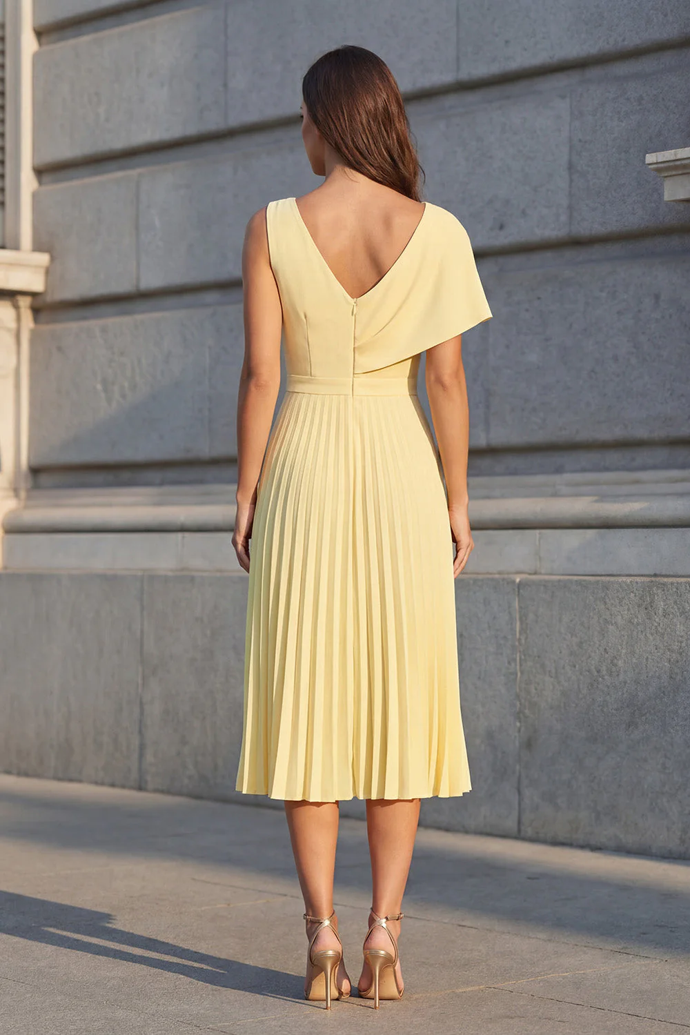 Żółty asymetryczny dekolt z plisowaniem w stylu A Line Midi Work Dress - Image 2