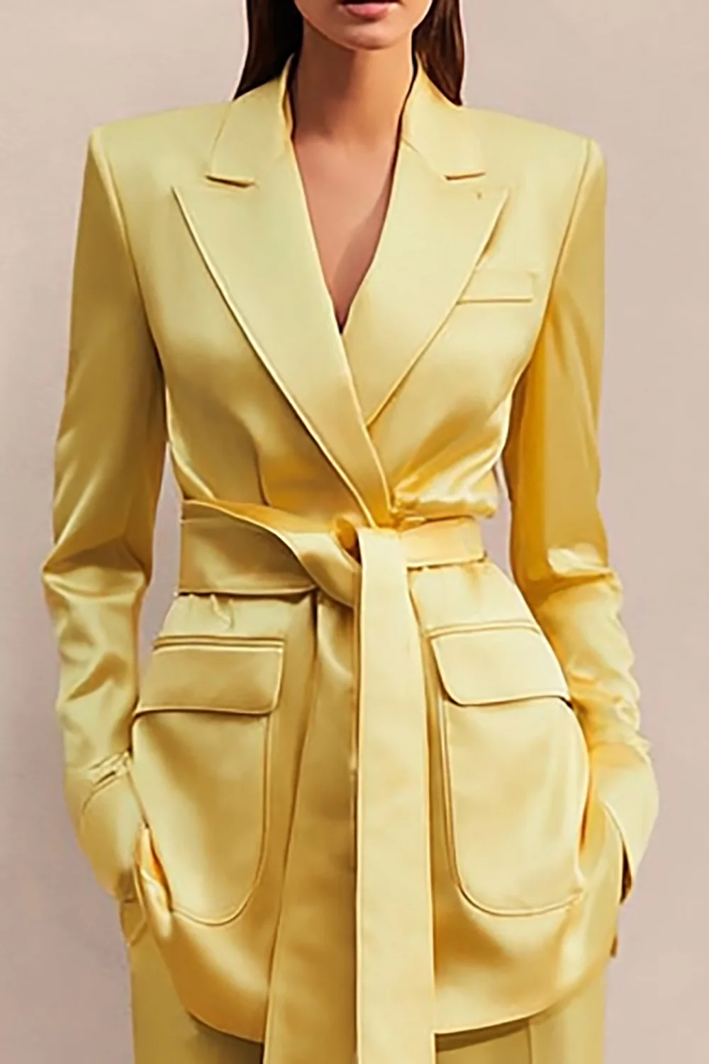 Żonkil Satin Peak Lapel 2-częściowe garnitury biznesowe z paskiem - Image 2